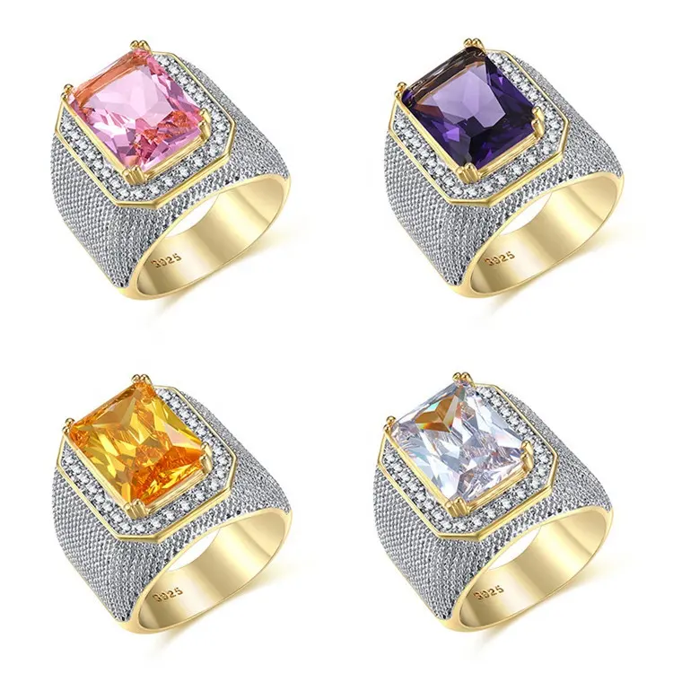 Anillo de boda grande con piedra de circón para hombre, sortija grande, color morado, rosa y blanco, oro amarillo de 18kt