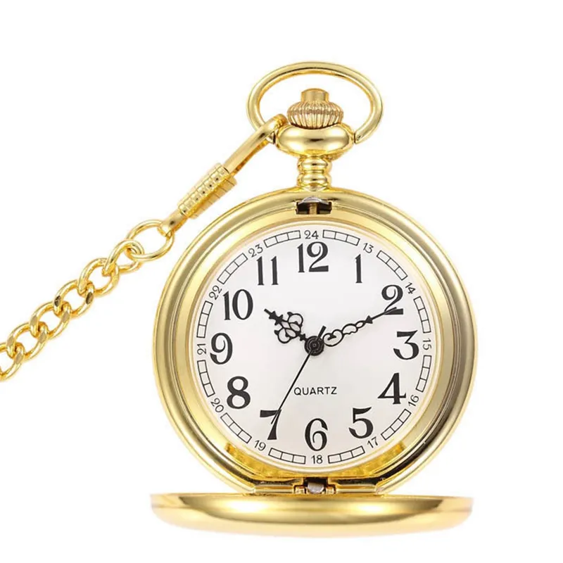 Reloj de bolsillo con cadena para hombre, colgante, dorado, espejo, cuarzo analógico