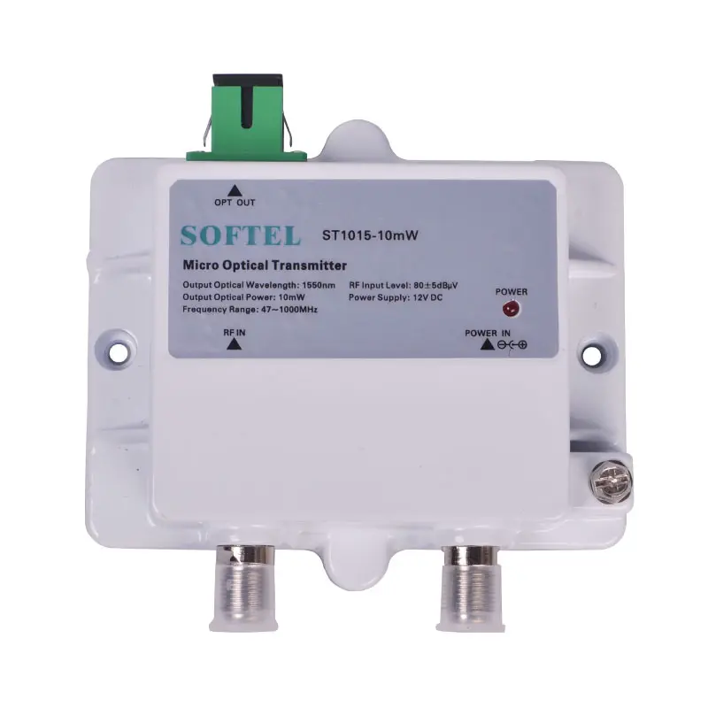 Transmissor de fibra óptica softel 1550nm, mini transmissor óptico de 10mw dc 12v sc/apc catv, modo único 47-1000mhz