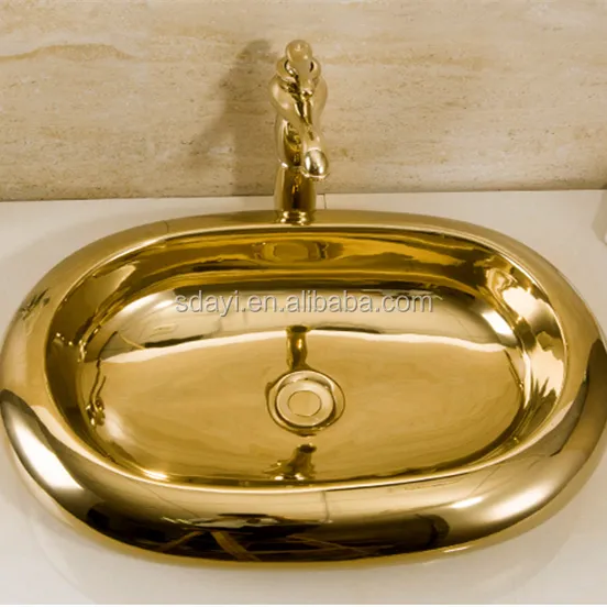 Lavabo de cerámica ovalado, lavamanos dorado de lujo, color dorado