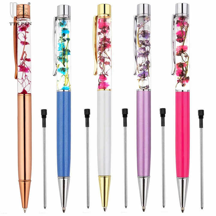 TTX Promotional Custom Logo Dried Liquid Floating Ballpoint Pen Bling Glitter Diamond Customize Flower Oil Ball Pen