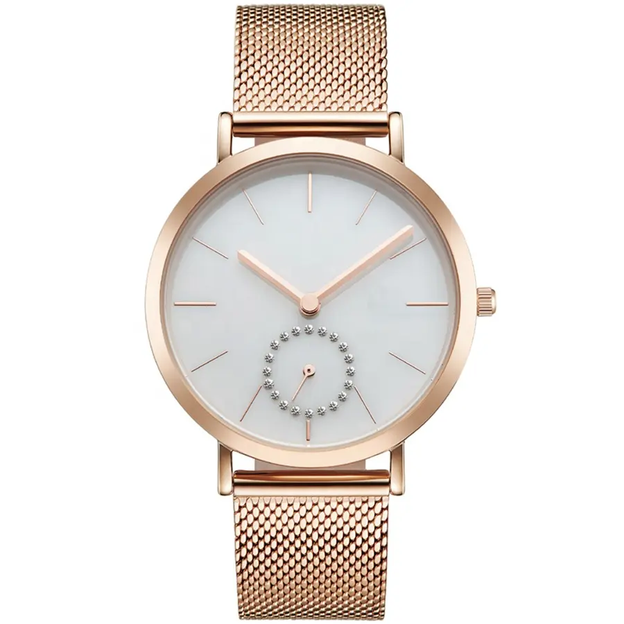 Diamond Face Minimalist Mesh Bracelet Wristwatch For Women 18k Gold Plated Wrist Watch
