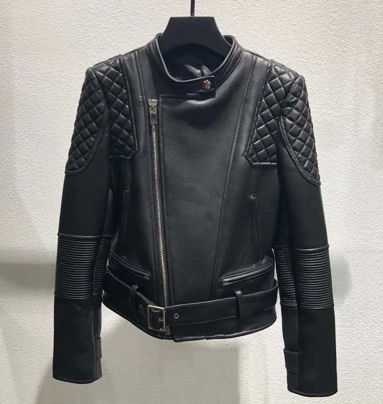 नई डिजाइन भेड़ की खाल चमड़े महिला बॉम्बर बाइकर जैकेट Quilited क्लासिक सवार शैली काले असली लेदर जैकेट महिलाओं के लिए