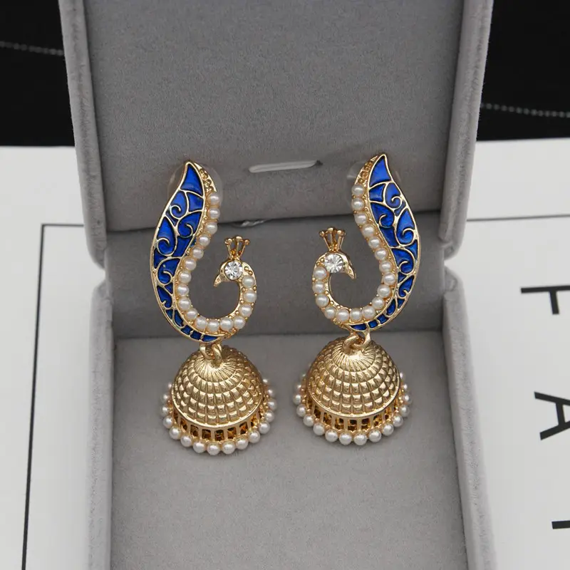 Pendientes de lujo con gancho de pavo real para mujer, aretes, fiesta, boda, indio, elegante, chapado en oro