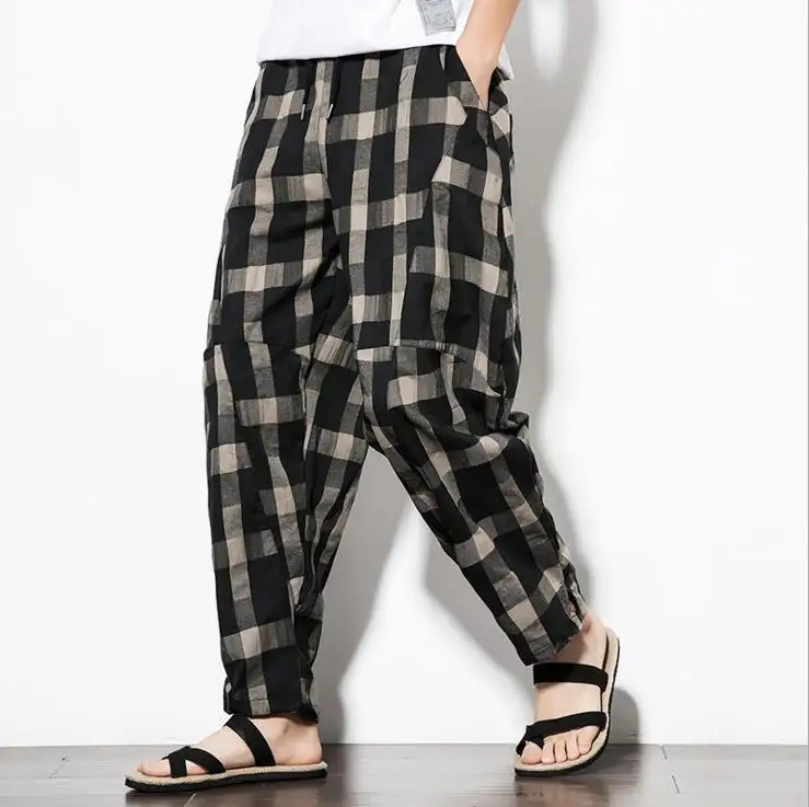 2019 di autunno di stile Cinese degli uomini plaid pantaloni casuali dei pantaloni allentati pantaloni larghi del piedino retrò pantaloni di modo dei pantaloni