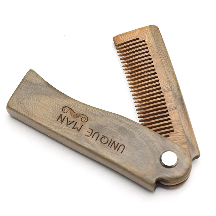 Durable green sandalwood wooden moustache personalized pocket folding beard comb