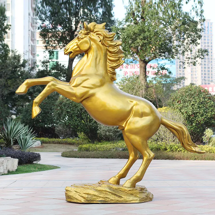 Estatua de caballo de salto dorada de fibra de decoración de patio de la calle, superventas