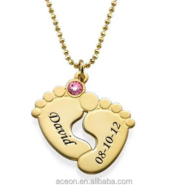 Flywu — collier plaqué or avec nom personnalisé, pierre de naissance, pendentif de pieds de bébé