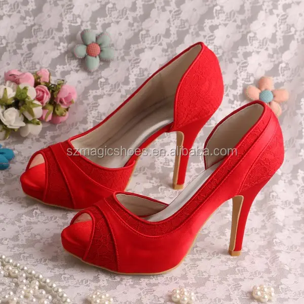 Sapatos de casamento de cetim e renda, noiva vermelha 10cm