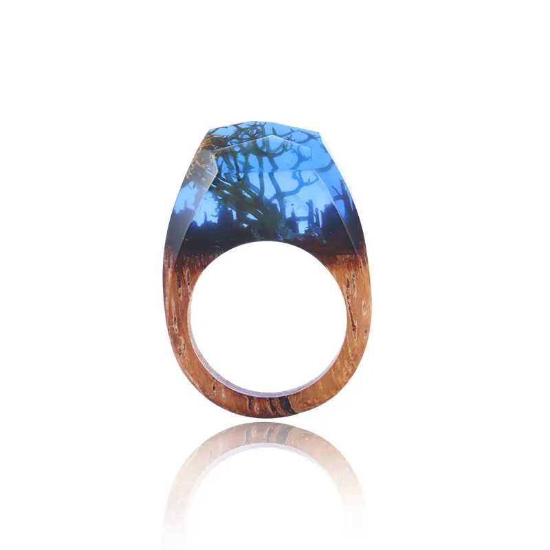 Anillo de madera de paisaje en miniatura para mujer, anillo de resina transparente Natural hecho a mano, regalo para chica