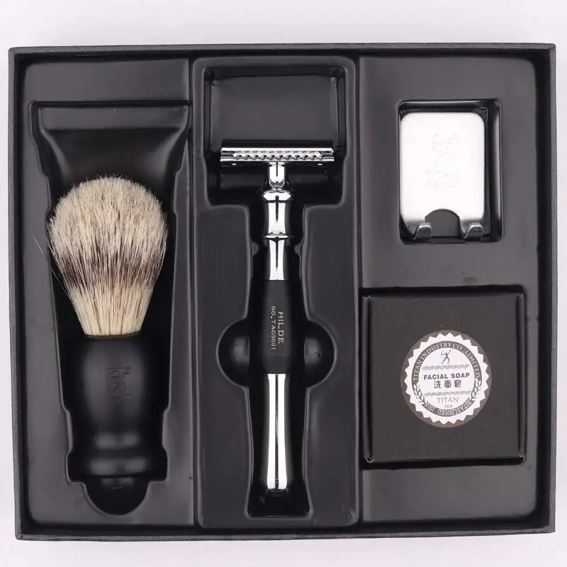 Titan set da barba, manico in metallo double edge rasoio di sicurezza con pennello da barba kit da barba mens rasoio