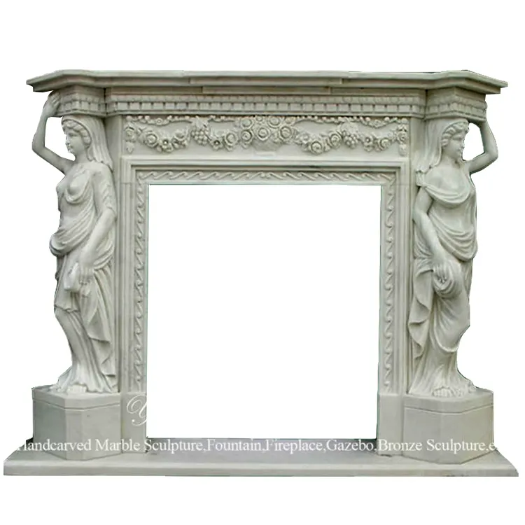 Hand Carved Marble Lady Statues Fireplace Surround