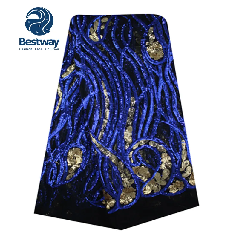 Bestwaytex fl0049 cabo de renda, cor azul royal, tecido de chiffon de seda, com lantejoulas brilhantes