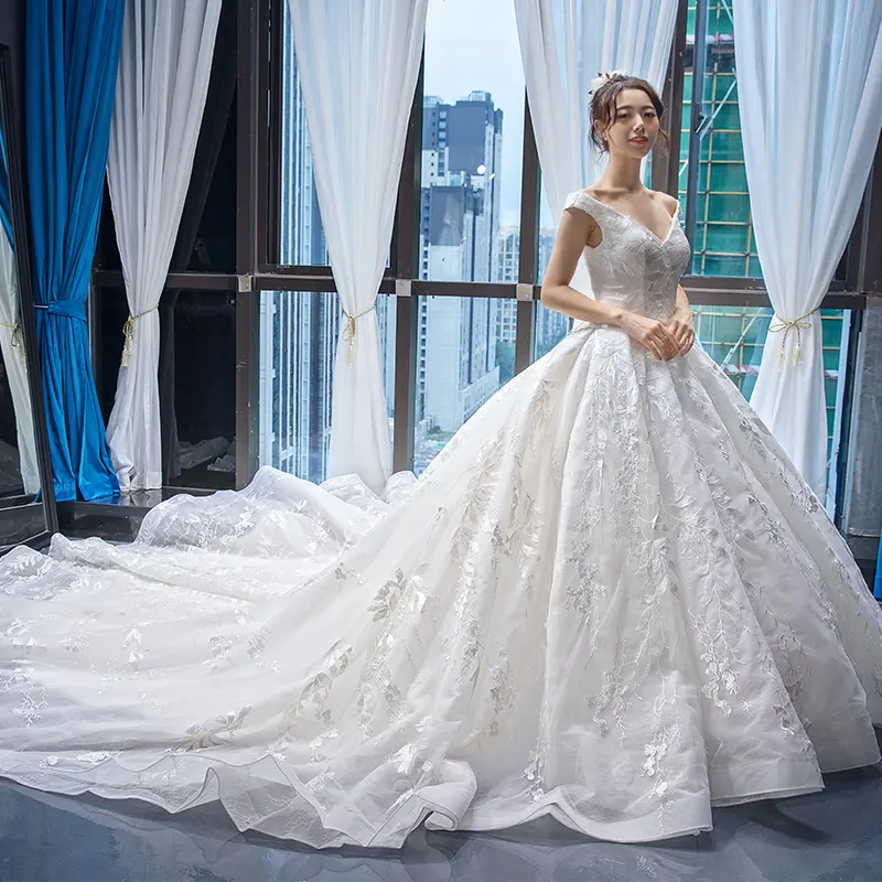 RSM66682 reale di alta qualità con scollo a v di lusso pesante applique abito da sposa vestito da sposa con il treno lungo