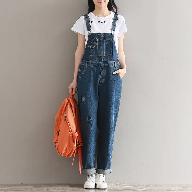 YSMARKET Thương Hiệu Jeans Phụ Nữ Jumpsuit Denim Romper Overalls Quần Dài Giản Dị Vaaqueros Quần Denim Cơ Bản Quần Yếm Ống Rộng Nữ