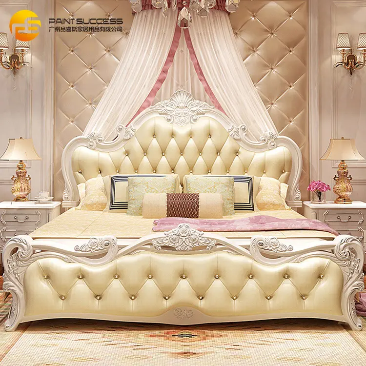 Mobiliário italiano de luxo, estilo europeu, cama de madeira, design clássico king, cama dupla em madeira, design de cama dourada