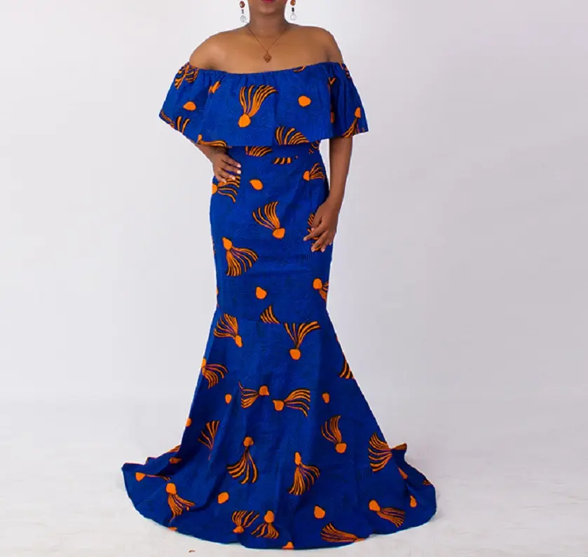 イブニングパーティーウエディングドレスオフショルダー2022セクシーなダシキワックスプリント服アフリカンキテンジファンシードレスデザイン女性用