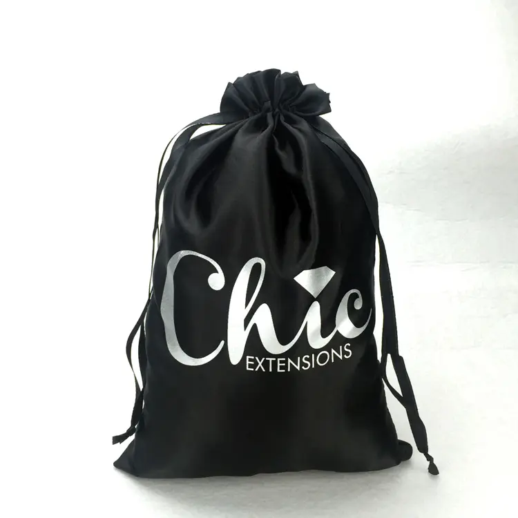 Custom hair extension packaging jewelry pouch black satin drawstring bag for hair with logo