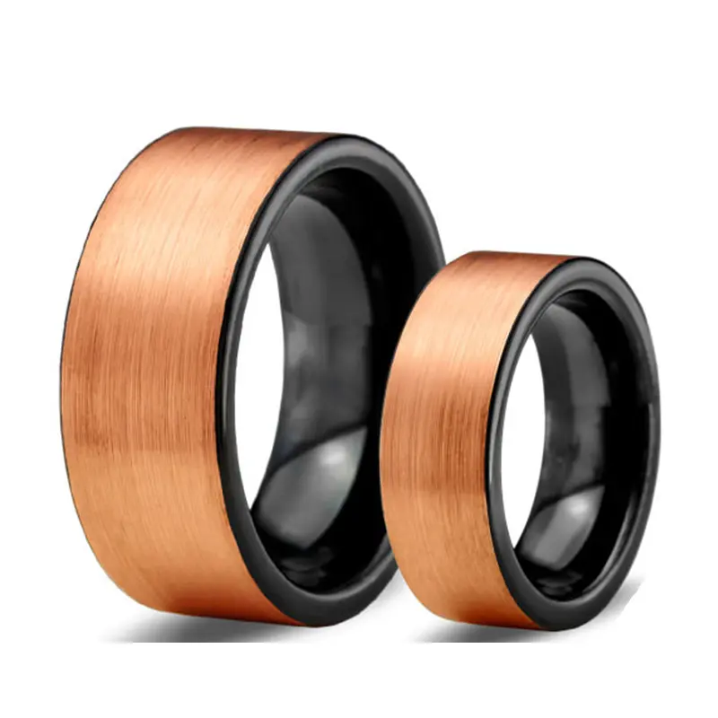 12mm 8mm Polished Brushed 18K Rose Gold Custom Engraved Tungsten Carbide Black Wedding Band Ring