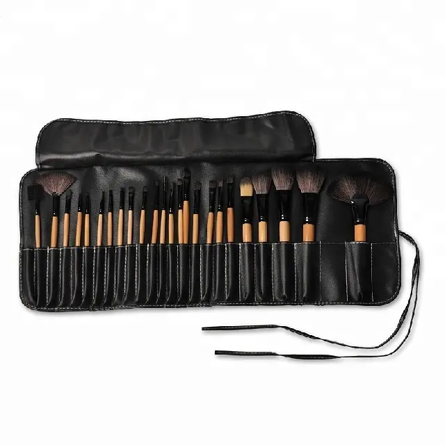 Bois Couleur 24 PCS Maquillage Brosse Ensemble Cosmétique Kit Emballé Étui En Cuir