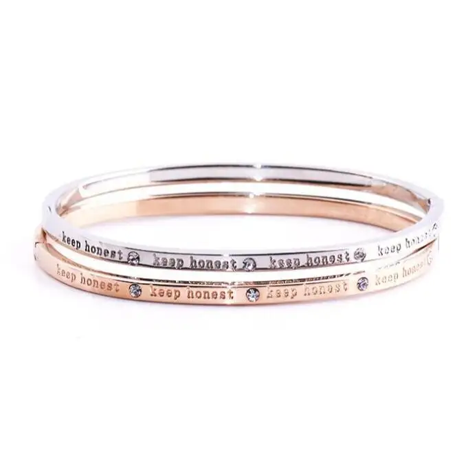 Thép Không Gỉ Phụ Nữ Khắc Trang Sức Tuyên Bố Có Nghĩa Là Rose Gold Bạc Phụ Nữ Skinny Bangle Bracelet Với Kim Cương