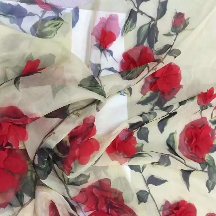 Fábrica al por mayor perla gasa 3D flor gasa tela textil para vestido de alta calidad