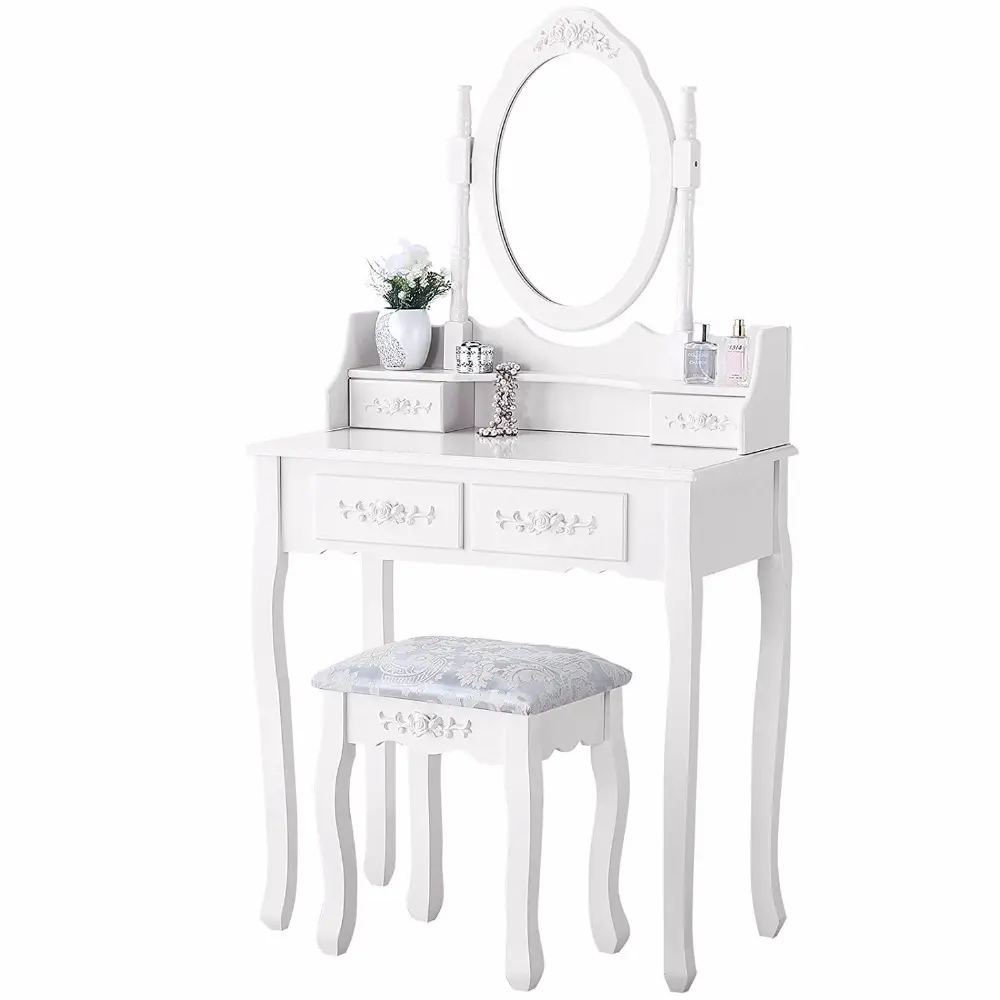 Coiffeuse de luxe blanche avec miroir et tabouret, ensemble de 4 tiroirs avec coiffeuse de chambre à coucher