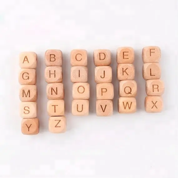 12 мм органические буковая древесина куб Алфавит серебряные украшения в виде букв из деревянных бусин Прорезыватель