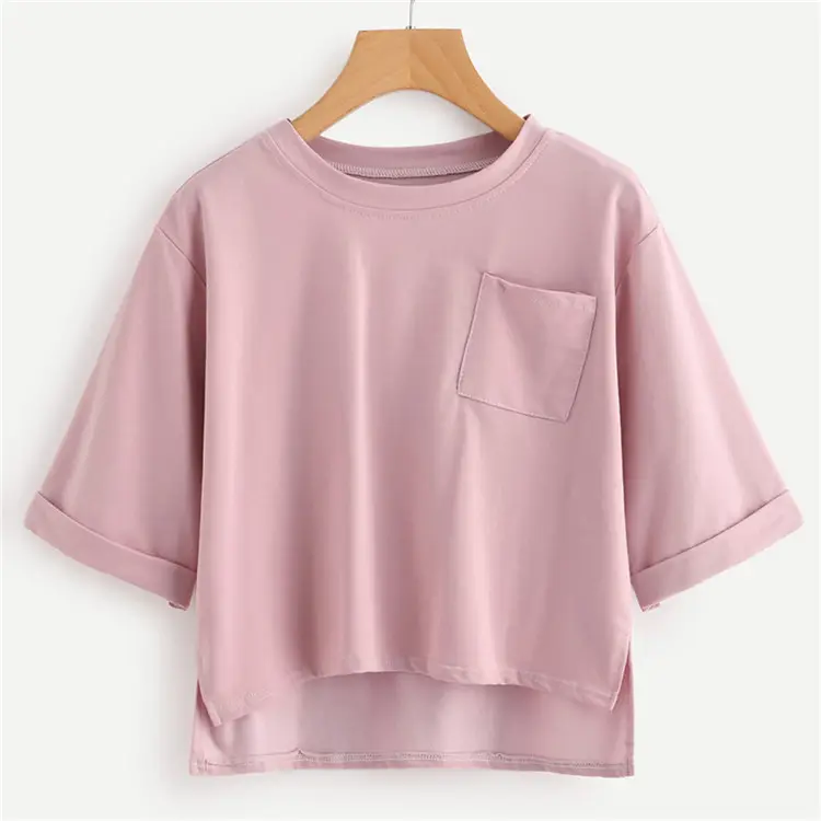 T-Shirt alta corta con spacco con manica arrotolare da donna rosa tinta unita estiva T-Shirt 2023 mezza manica girocollo con tasca