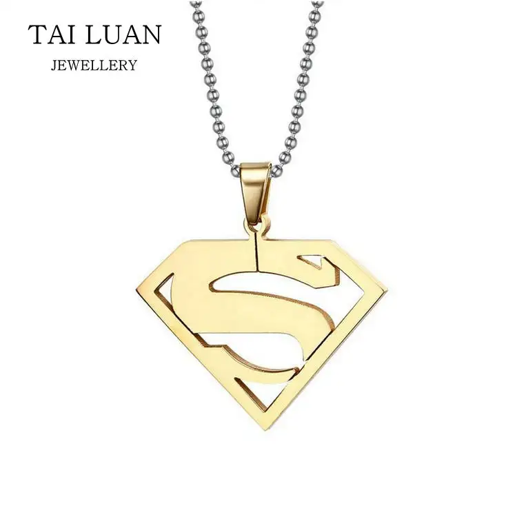 Colar de aço inoxidável 316l, colar dourado de letras de superman e carta