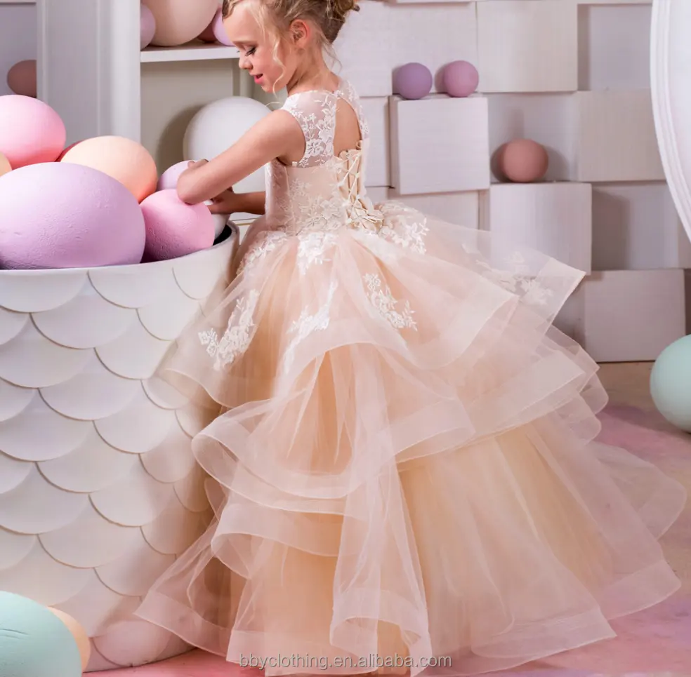 2017 מסיבת תינוקת שמלת ילדי שמלות עיצובים לפרוע רקום תחרה חתונה שמלה
