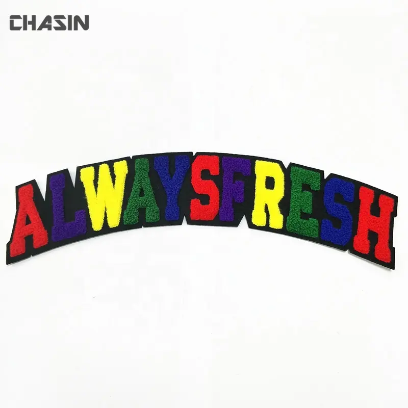 Personalizzato ciniglia patch ALWAYSFRESH patch lettere di alfabeto ciniglia patch lettere cucire su supporto per abbigliamento