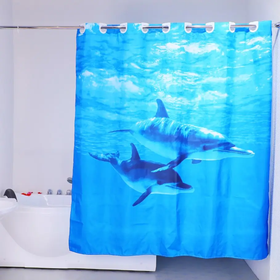 Rideau de douche sans crochet, panneau de douche imprimé Style océan et dauphin de poisson