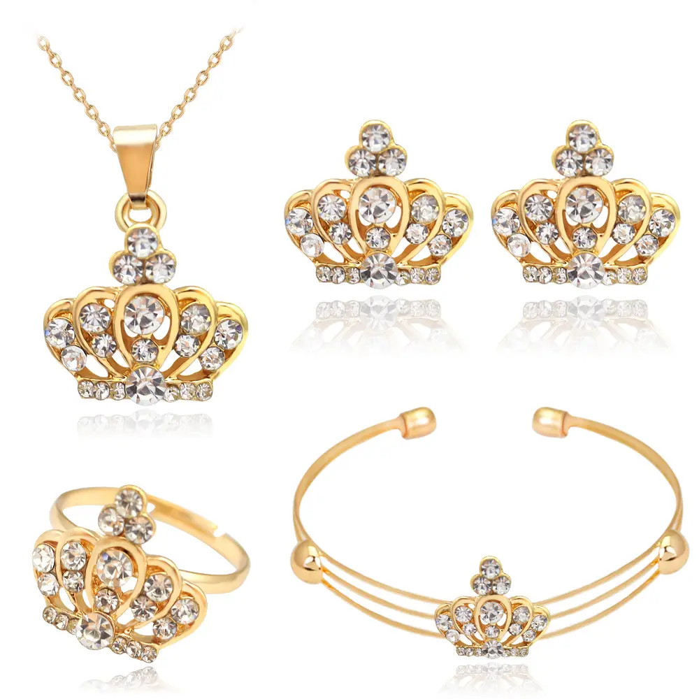 Atacado de fábrica coroa totalmente de diamante colar pulseira brincos anel dubai conjunto de jóias de ouro para mulheres