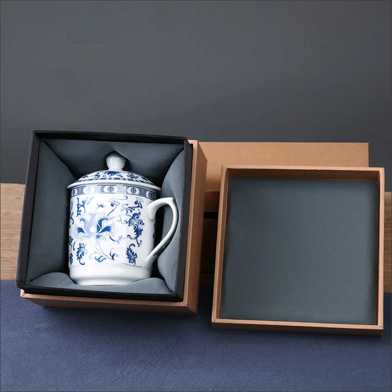 Custom luxury rigid brown kraft paper square mug bowl storage vase packaging Chinese tea cup saucer set box with insert