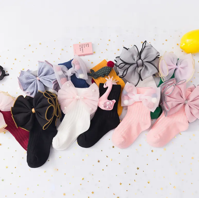 Calcetines hechos a mano con lazo de encaje grande para niñas, medias de princesa de algodón suave, moda coreana