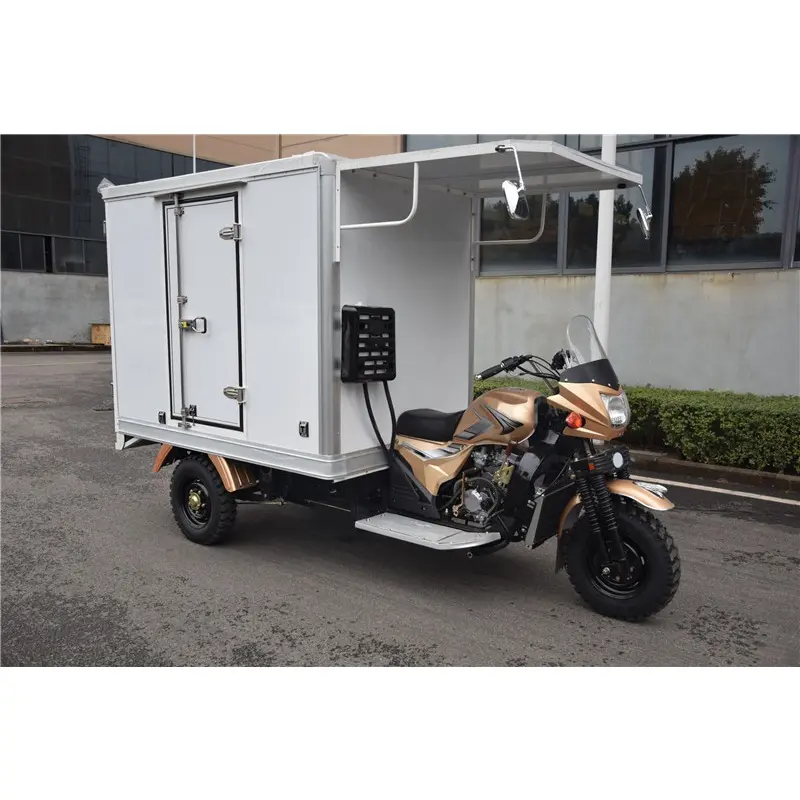 Motocicleta con refrigeración por agua de 250cc, entrega para productos frescos, caja seca cerrada, tres ruedas