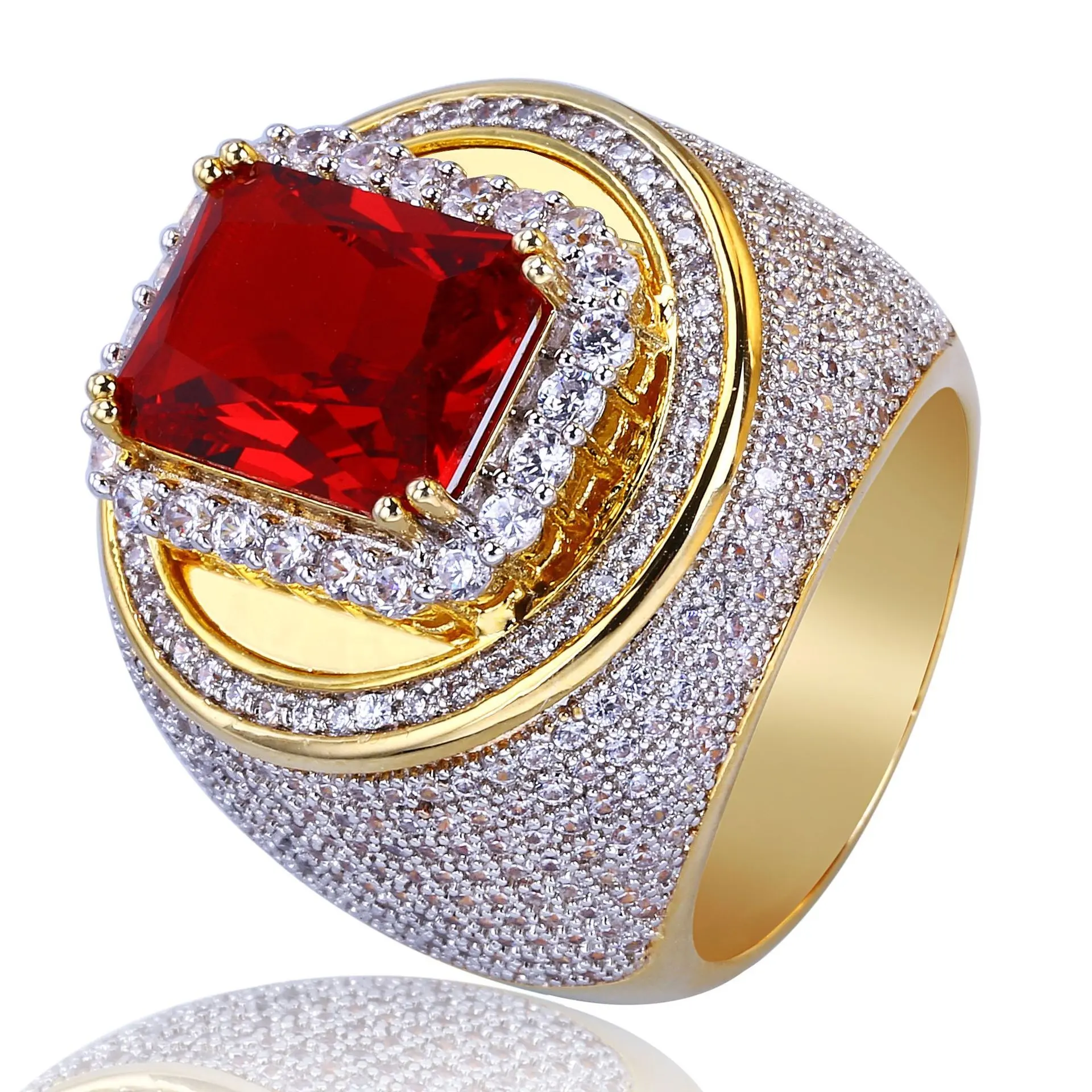 Iced Out anello Hip Hop placcato oro zircone cubico grande anello di pietra rossa personalità gioielli di moda anelli uomo donna gioielli amante regalo