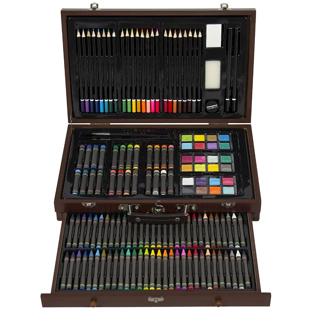 Conjunto de arte de luxo profissional, 140 peças, caixa de madeira com pastéis de amassados e lápis de cores