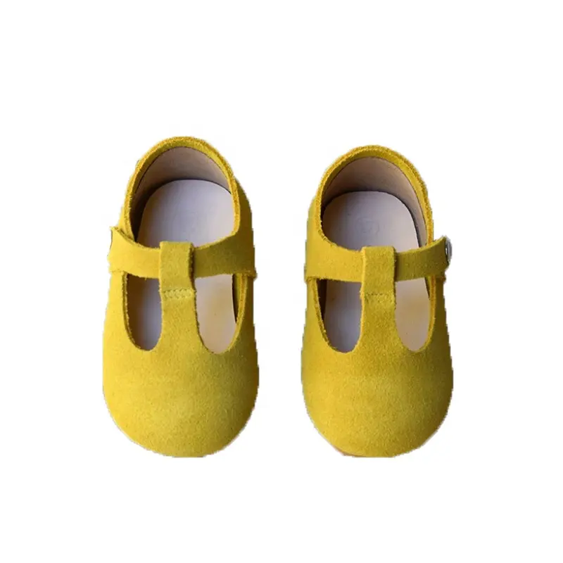 Mustard suede stud fasten t-bar kids baby boy zapatos de ganchillo mocasines