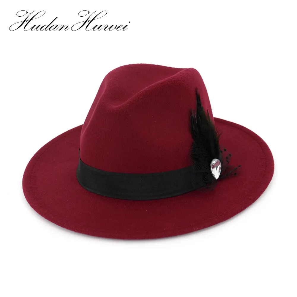 Sombrero Fedora Jazz de fieltro hecho a mano, gorra, sombrero de ala ancha, decoración de plumas