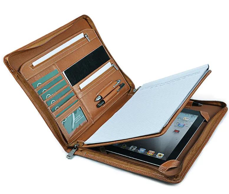 Executivo Zippered Titular Leather Documentos Organizer Agenda/Portfolio arquivo pasta com tamanho carta Notepad e bolsos