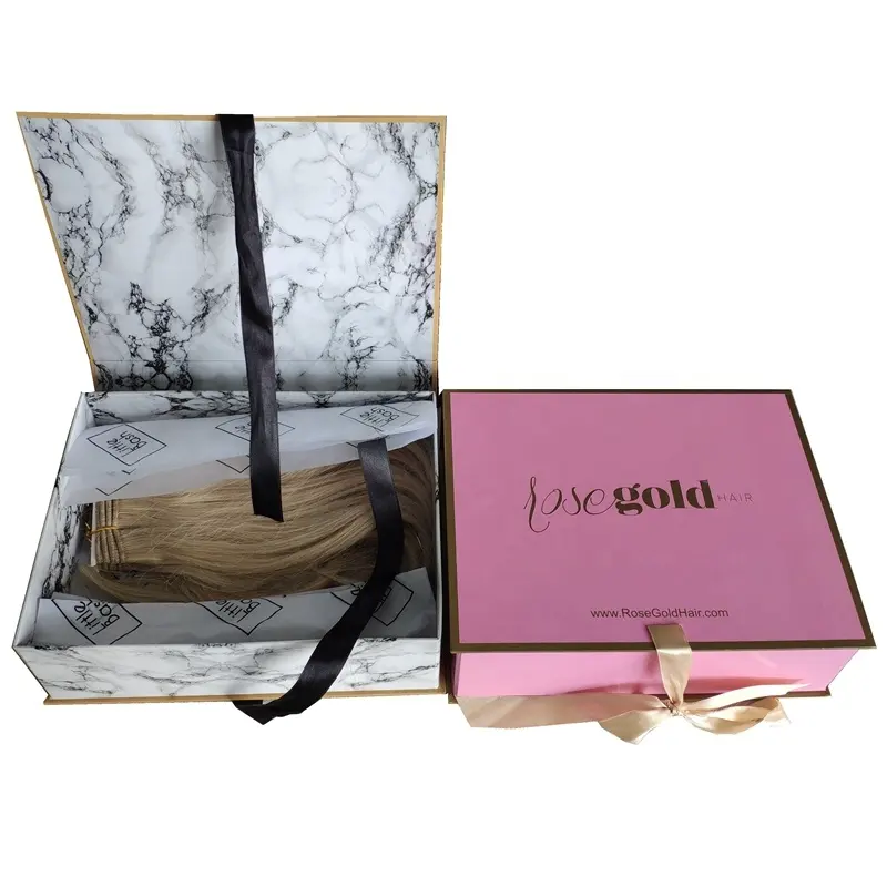 Logotipo personalizado luxo impresso mármore reciclar papelão rosa fita de papel dobrável fecho cabelo acessórios caixa de presente peruca embalagem