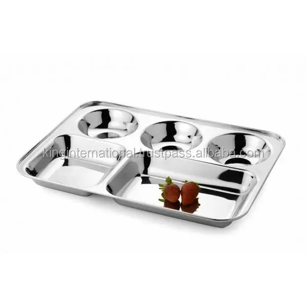 stainless steel 5 compartment thali Plate Dinner Tray round shape compartment plate square shape mess tray 4 in 1 plate