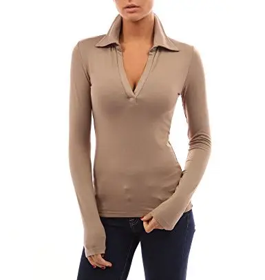 Nuevo diseño slim fit popular mujeres cuello V profunda manga larga camisas de Polo Tan elástico Jersey Casual blusa Top camisa de Polo