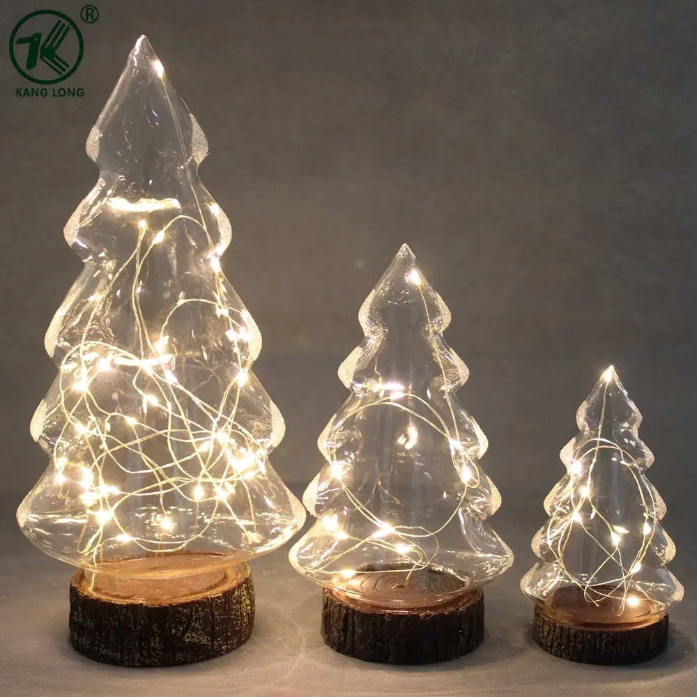 Wholesale LED blown large Christmas glass lantern Christmas tree with wooden base