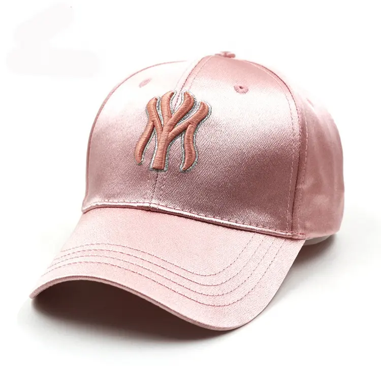 Wholesale high quality custom embroidery pink satin lined adjustable female women baseball caps 6 panel baseball hat