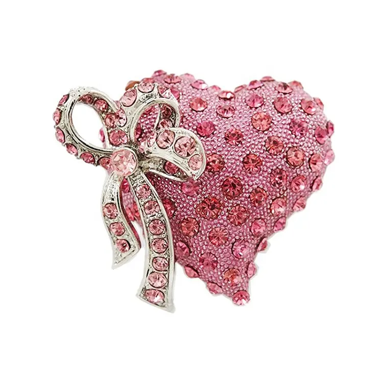 Regalo di Giorno di san valentino Romantico Rosa di Cristallo Del Cuore Del Rhinestone Spilla Fiocco