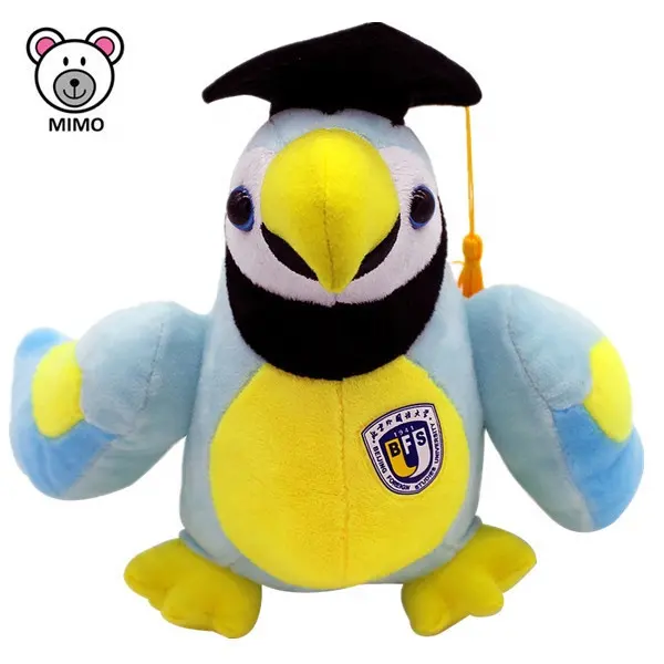 Cute Cartoon di Laurea Uccello del Pappagallo Giocattolo Della Peluche Con Cappuccio OEM LOGO Personalizzato Università Della Mascotte di Peluche Blu Peluche Parrot