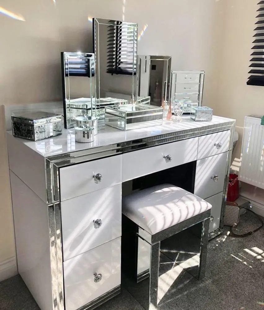 Sparkly mirrored dresser 7 drawers white mirror dressing table with 3 pieces folding wall mirror